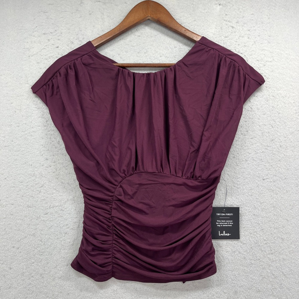 Lulus Top Womens M Plum Ruched Backless Tie Back Cap Sleeve Mesh Party Chic NEW